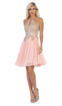 Sophisticated A-line Natural Waistline Short Fitted Keyhole Embroidered V Back Halter Sleeveless Spaghetti Strap Dress