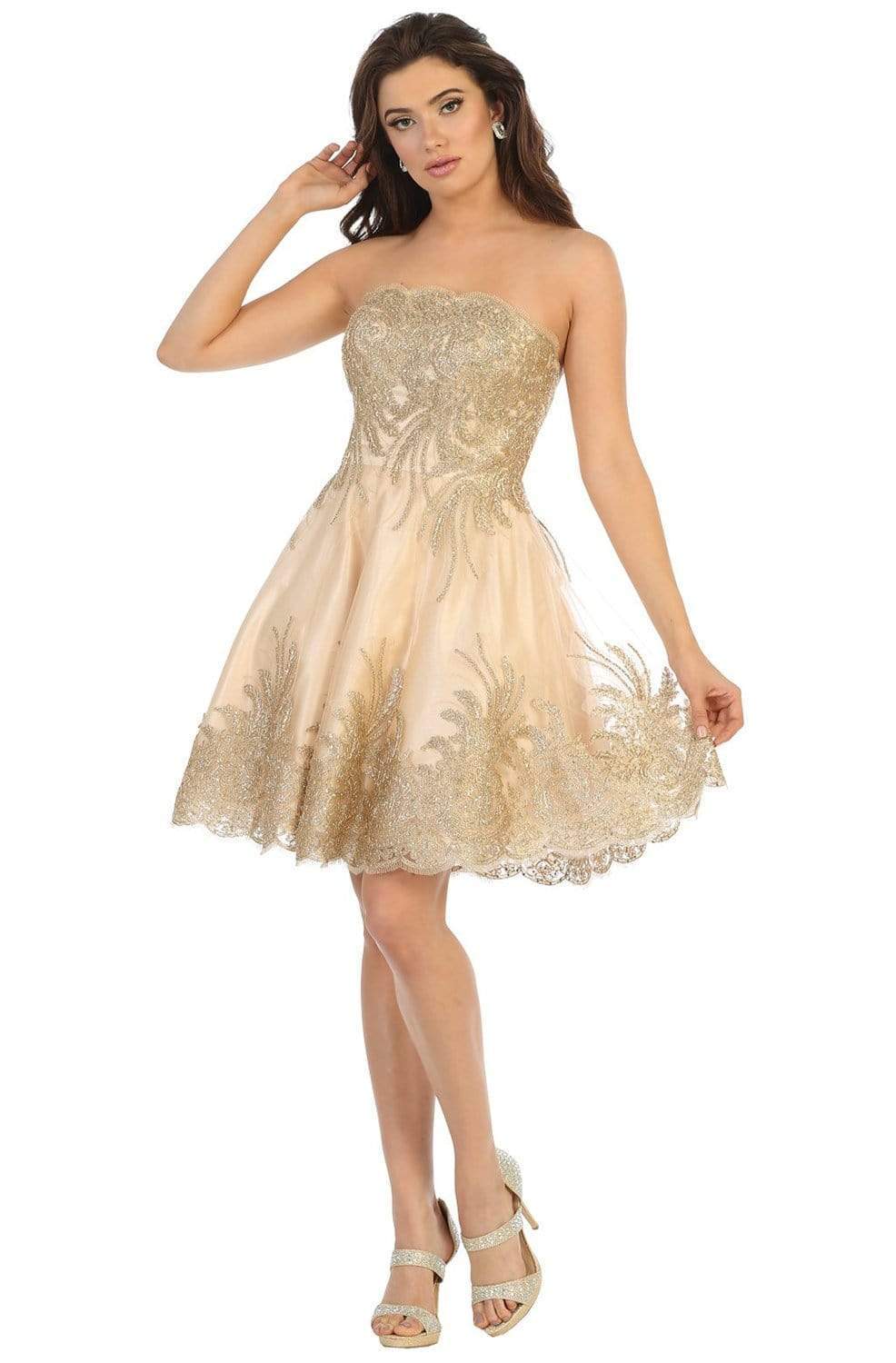 May Queen - MQ1650 Strapless Scallop Neckline Embellished Short Dress
