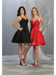 A-line V-neck Cocktail Above the Knee Satin Fit-and-Flare Sleeveless Back Zipper Fitted Natural Waistline Homecoming Dress/Party Dress