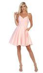 A-line V-neck Fitted Back Zipper Sleeveless Natural Waistline Fit-and-Flare Cocktail Above the Knee Satin Homecoming Dress/Party Dress