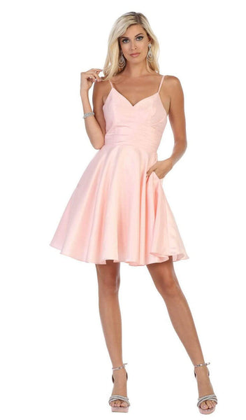 A-line V-neck Sleeveless Back Zipper Fitted Natural Waistline Fit-and-Flare Cocktail Above the Knee Satin Homecoming Dress/Party Dress