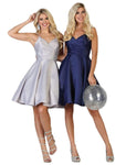 A-line V-neck Back Zipper Fitted Fit-and-Flare Natural Waistline Cocktail Above the Knee Satin Sleeveless Homecoming Dress/Party Dress