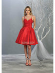 A-line V-neck Satin Fit-and-Flare Fitted Back Zipper Natural Waistline Sleeveless Cocktail Above the Knee Homecoming Dress/Party Dress