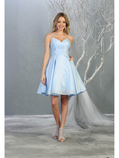 A-line V-neck Natural Waistline Satin Fit-and-Flare Fitted Back Zipper Cocktail Above the Knee Sleeveless Homecoming Dress/Party Dress