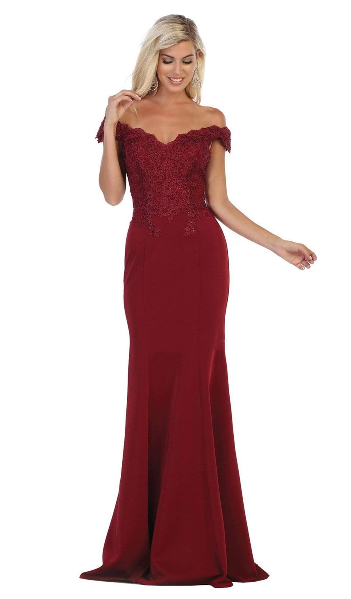 May Queen - MQ1675 Embellished Plunging Off-Shoulder Trumpet Dress