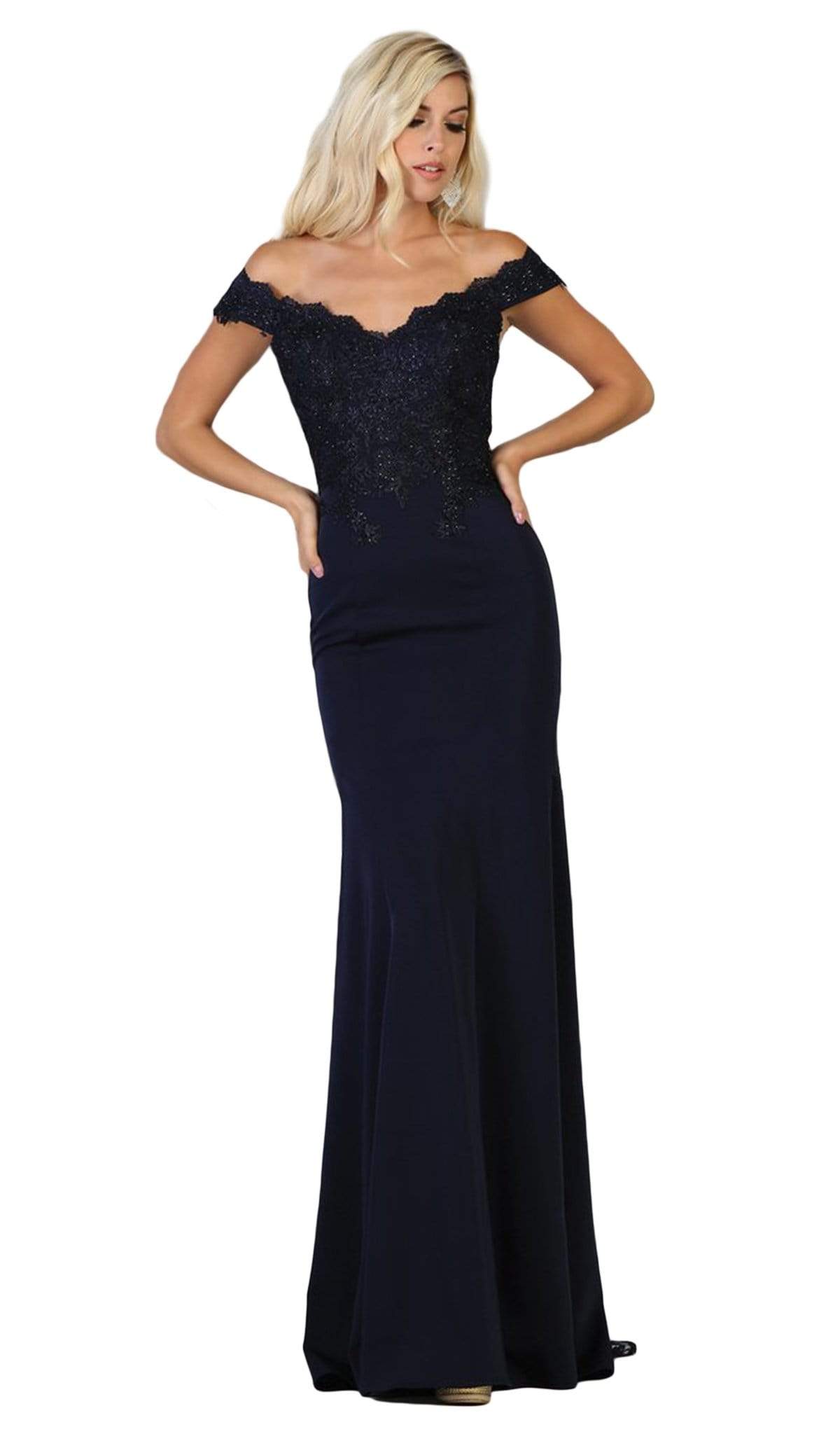 May Queen - MQ1675 Embellished Plunging Off-Shoulder Trumpet Dress
