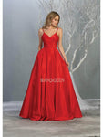 A-line V-neck Satin Sleeveless Spaghetti Strap Floor Length Corset Natural Waistline Pocketed Lace-Up Back Zipper Prom Dress