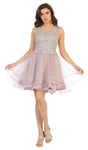 A-line Sleeveless Bateau Neck Short Natural Waistline Fitted Sheer Illusion Flowy Tiered Dress