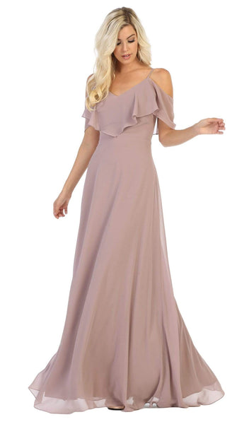 A-line V-neck Open-Back Back Zipper Draped Floor Length Cold Shoulder Flutter Sleeves Off the Shoulder Spaghetti Strap Natural Waistline Chiffon Dress With Ruffles