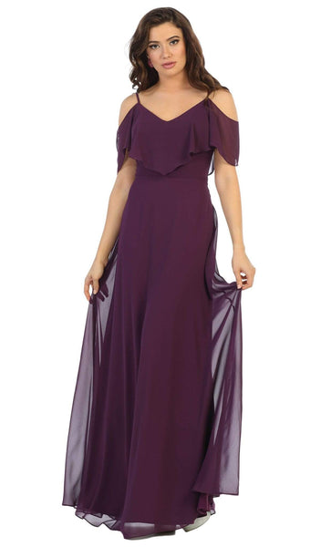 A-line V-neck Natural Waistline Chiffon Floor Length Cold Shoulder Flutter Sleeves Off the Shoulder Spaghetti Strap Draped Open-Back Back Zipper Dress With Ruffles