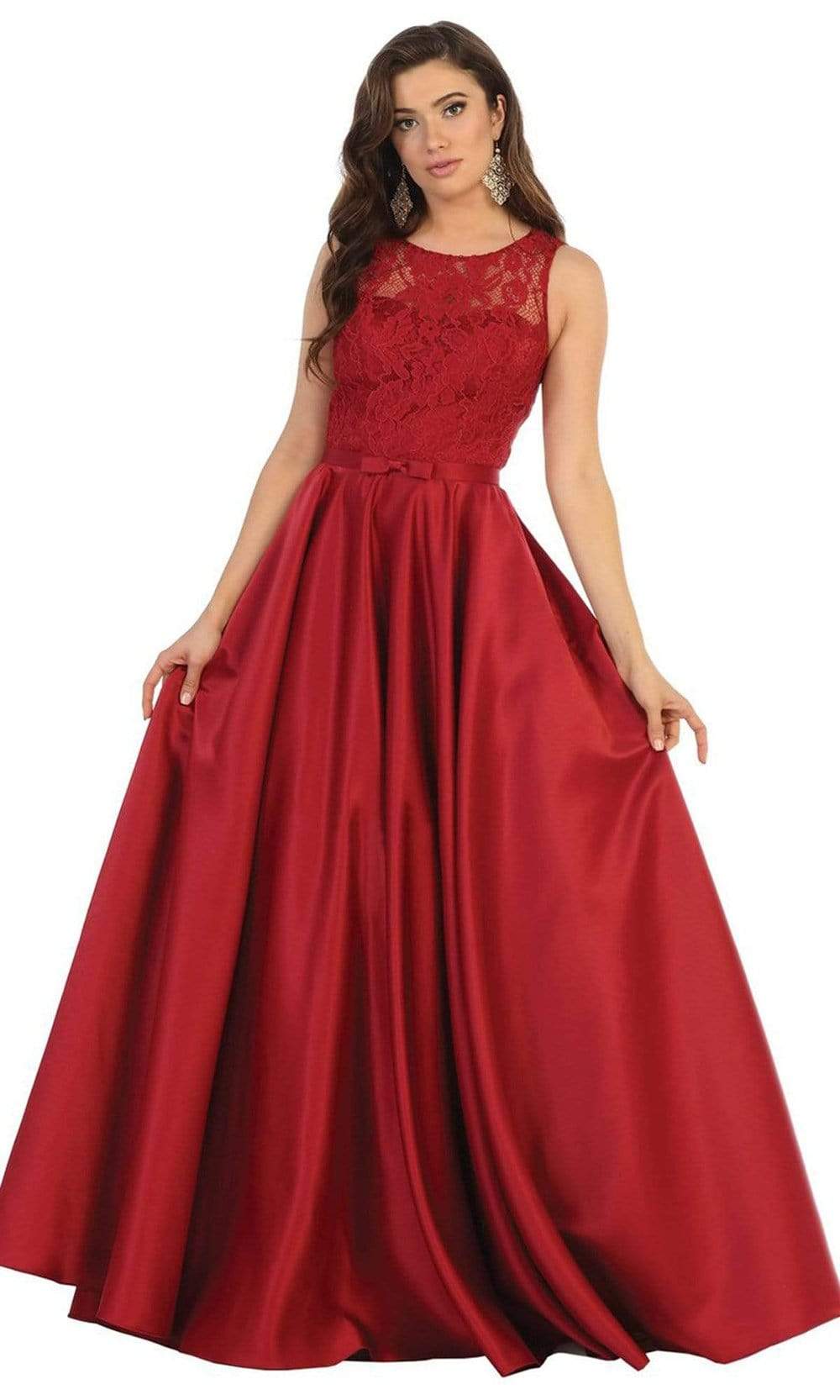 May Queen - MQ1688 Lovely Lace Tank Bow Accent Satin Long Dress
