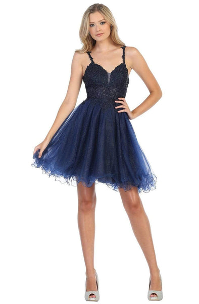 A-line V-neck Natural Waistline Cocktail Short Sleeveless Fit-and-Flare Glittering Mesh Applique Fitted Semi Sheer Back Zipper Beaded Homecoming Dress/Prom Dress
