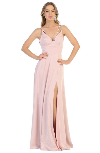 A-line V-neck Slit Open-Back Back Zipper Plunging Neck Empire Waistline Sleeveless Spaghetti Strap Floor Length Dress