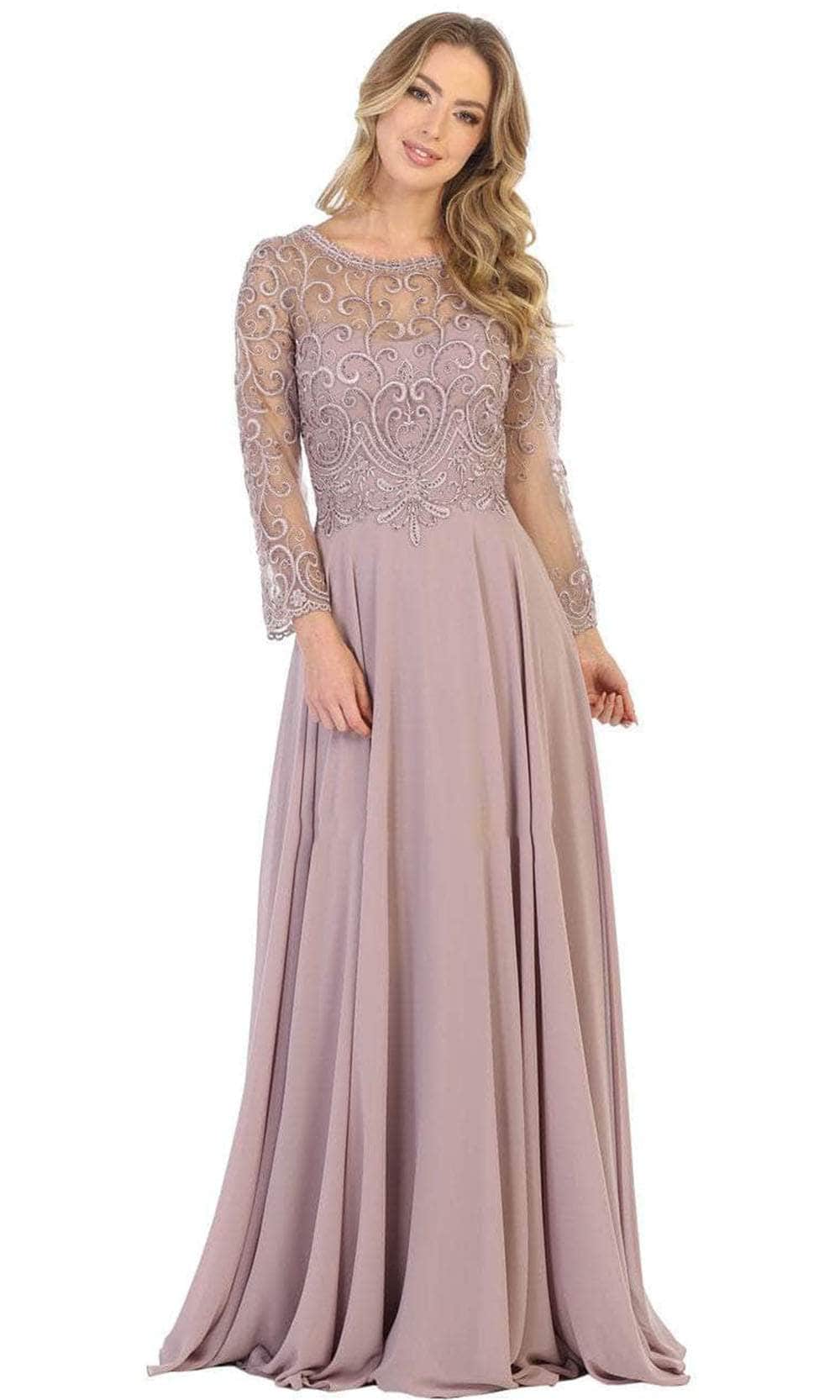 May Queen MQ1706 - Quarter Sleeve Beaded Lace Formal Gown
