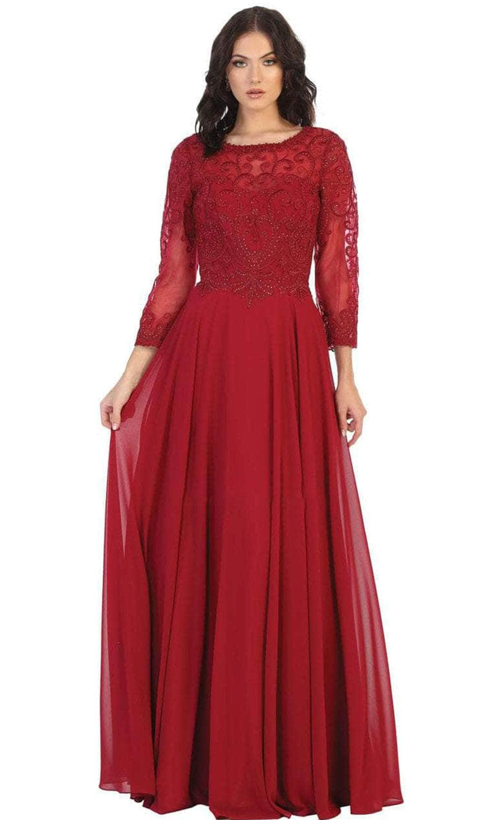 May Queen MQ1706 - Quarter Sleeve Beaded Lace Formal Gown