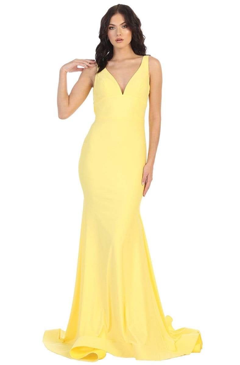 May Queen - MQ1719 Plunging V-neck Trumpet Dress With Train
