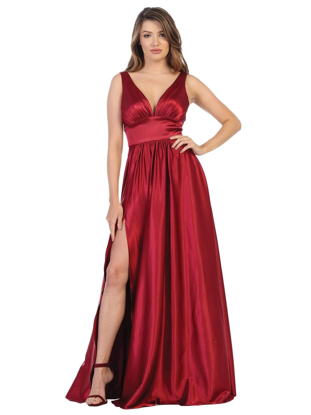May Queen - MQ1723 Plunging V-Neck Empire High Slit Dress