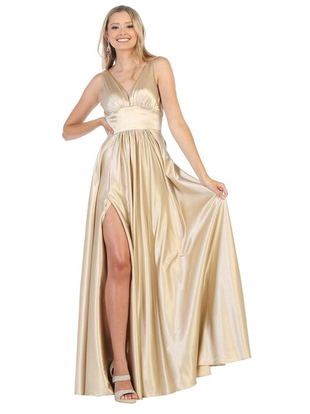 A-line V-neck Satin Empire Waistline Plunging Neck Sheer Open-Back Back Zipper Ruched Slit Sleeveless Dress with a Brush/Sweep Train
