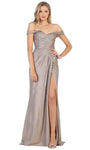 Sexy Sophisticated Floor Length Sheath Natural Waistline Off the Shoulder Slit Ruched Draped Sheath Dress