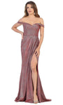 Sexy Sophisticated Draped Ruched Slit Floor Length Sheath Natural Waistline Off the Shoulder Sheath Dress