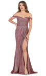 Sexy Sophisticated Sheath Ruched Draped Slit Natural Waistline Off the Shoulder Floor Length Sheath Dress
