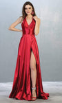 A-line V-neck Halter Plunging Neck Empire Waistline Sleeveless Open-Back Fitted Sheer Pleated Slit Evening Dress