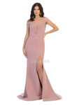 Off the Shoulder Natural Waistline Mermaid Slit Fitted Illusion Open-Back Back Zipper Plunging Neck Dress with a Brush/Sweep Train