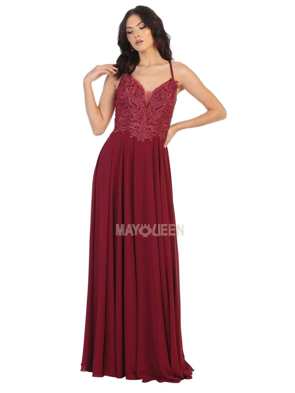 May Queen - MQ1750 Embroidered Plunging V-neck A-line Dress
