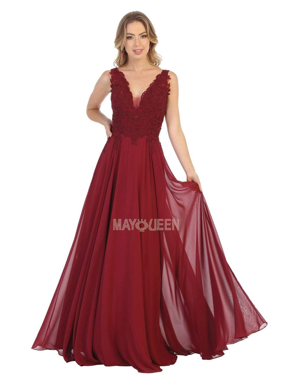 May Queen - MQ1754 Embroidered Deep V-neck A-line Dress
