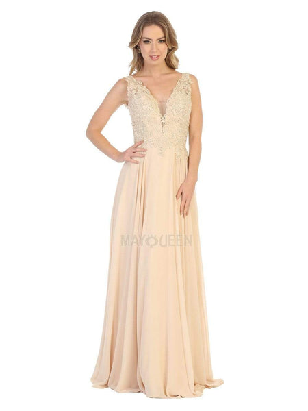 A-line V-neck Natural Waistline Sleeveless Fitted Embroidered Sheer V Back Floral Print Floor Length Plunging Neck Dress