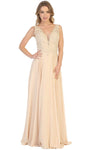 A-line V-neck Sleeveless Natural Waistline Lace Floor Length Sheer Embroidered Flowy Back Zipper Evening Dress