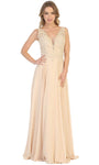 A-line V-neck Lace Sleeveless Sheer Back Zipper Flowy Embroidered Floor Length Natural Waistline Evening Dress