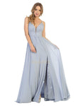 A-line V-neck Halter Plunging Neck Sleeveless Ruched Pleated Sheer Slit Dress by May Queen