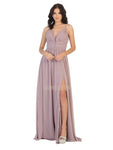 A-line V-neck Natural Waistline Halter Plunging Neck Sleeveless Floor Length Sheer Pleated Ruched Slit Back Zipper Dress