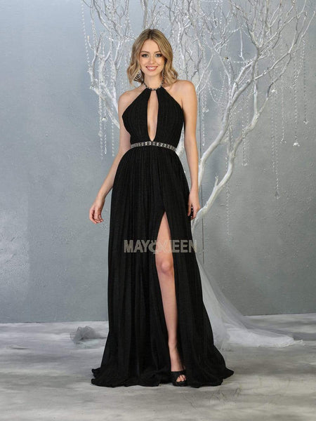A-line Fitted Slit Keyhole Back Zipper Beaded Ruched Open-Back Pleated Floor Length Natural Waistline Halter Evening Dress with a Brush/Sweep Train