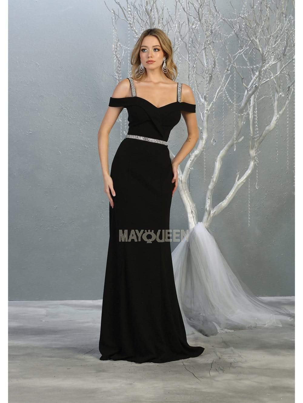 May Queen - MQ1765 Embellished Off-Shoulder Sheath Dress