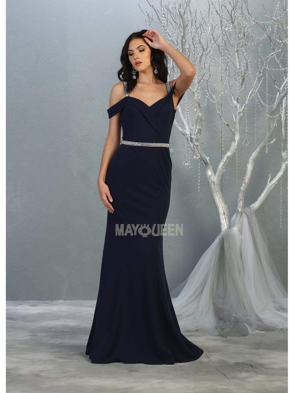 May Queen - MQ1765 Embellished Off-Shoulder Sheath Dress
