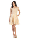 A-line Fit-and-Flare Beaded Back Zipper Pleated Pocketed Fitted Gathered Natural Waistline Cocktail Short Off the Shoulder Party Dress
