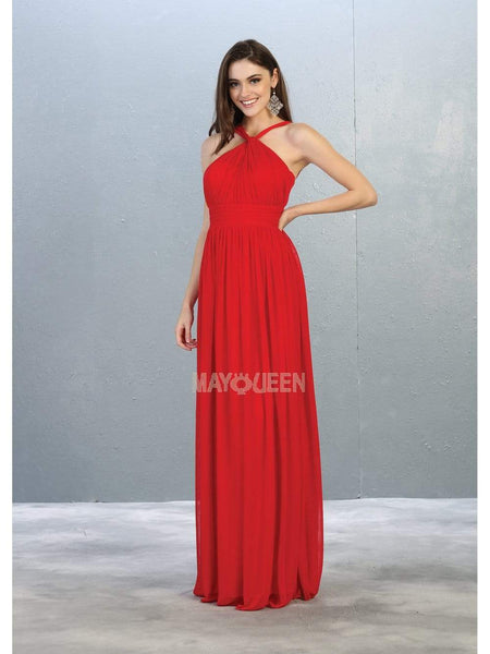 Sophisticated A-line Natural Waistline Halter Chiffon Floor Length Shirred Pleated Ruched Back Zipper Fitted Dress