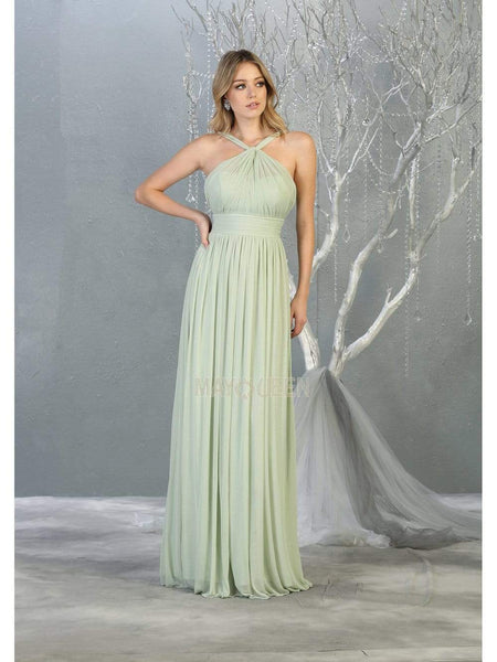 Sophisticated A-line Floor Length Chiffon Halter Natural Waistline Fitted Shirred Pleated Ruched Back Zipper Dress
