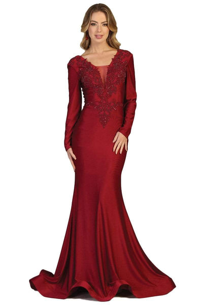 Sophisticated V-neck Lace Mermaid Applique Beaded Illusion Jeweled Back Zipper Open-Back Sheer Fitted Plunging Neck Long Sleeves Natural Waistline Dress with a Brush/Sweep Train