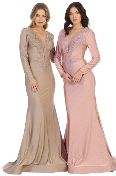 Sophisticated V-neck Plunging Neck Natural Waistline Mermaid Lace Long Sleeves Illusion Sheer Beaded Open-Back Applique Jeweled Back Zipper Fitted Dress with a Brush/Sweep Train