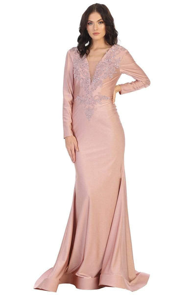 Sophisticated V-neck Illusion Applique Sheer Jeweled Back Zipper Open-Back Fitted Beaded Mermaid Long Sleeves Plunging Neck Lace Natural Waistline Dress with a Brush/Sweep Train