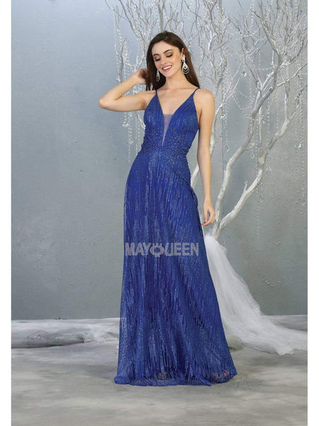A-line V-neck Plunging Neck Applique Lace-Up Sheer Glittering Illusion Lace Floor Length Spaghetti Strap Natural Waistline Dress