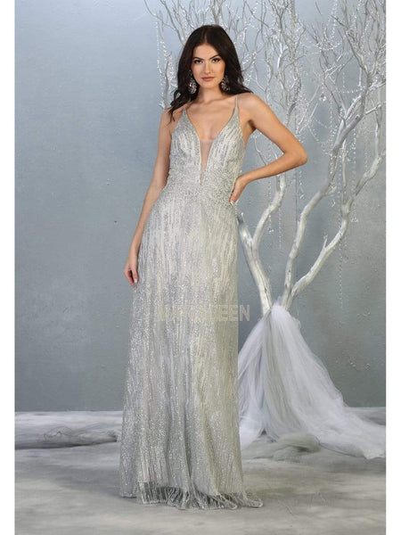 A-line V-neck Plunging Neck Floor Length Lace Spaghetti Strap Natural Waistline Lace-Up Applique Glittering Sheer Illusion Dress