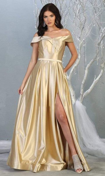 Tall A-line V-neck Pocketed Fitted Slit Wrap Open-Back Back Zipper Pleated Draped Floor Length Natural Waistline Off the Shoulder Metallic Sweetheart Dress