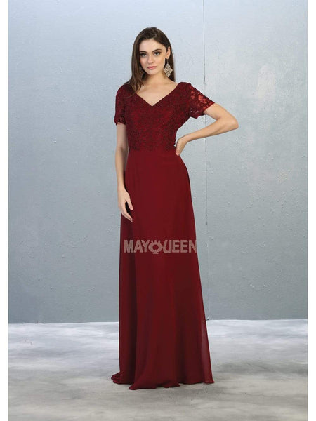 A-line V-neck Natural Waistline Applique Open-Back Sheer Back Zipper Lace Floor Length Short Sleeves Sleeves Dress With Rhinestones