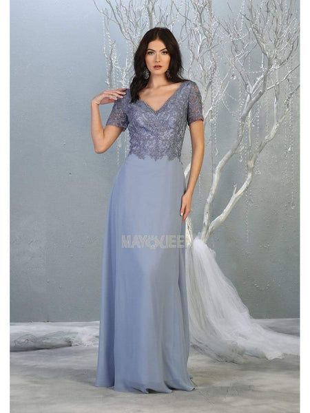 A-line V-neck Natural Waistline Back Zipper Applique Sheer Open-Back Floor Length Lace Short Sleeves Sleeves Dress With Rhinestones