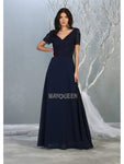 A-line V-neck Lace Short Sleeves Sleeves Applique Back Zipper Sheer Open-Back Natural Waistline Floor Length Dress With Rhinestones