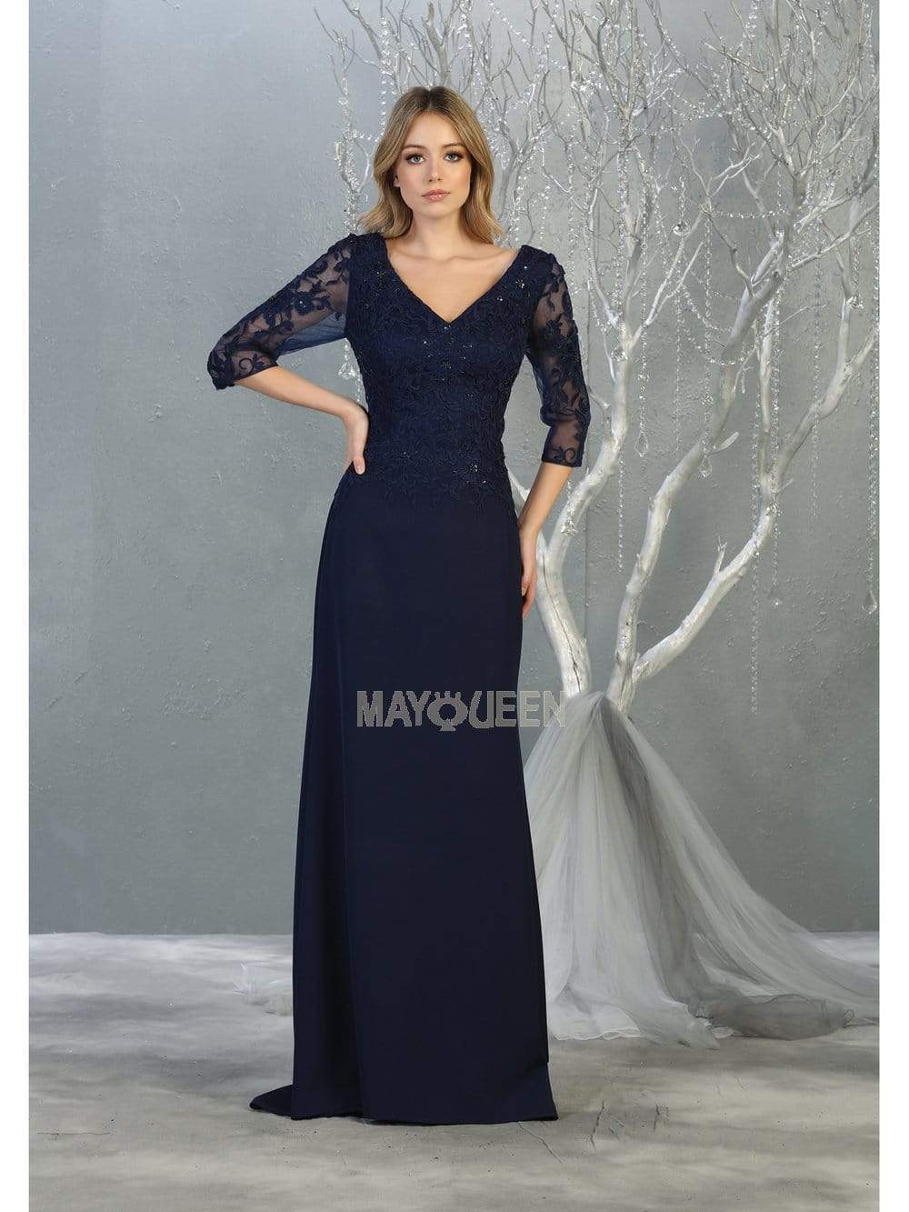 May Queen - MQ1783 Quarter Sleeve Lace Appliqued Trumpet Dress
